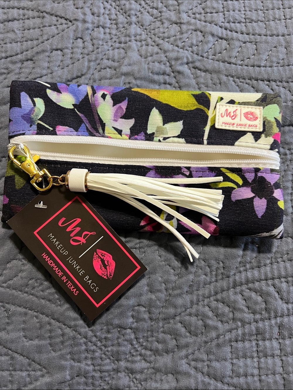 Makeup Junkie Mini Bags Floral Wristlet with White Tassel